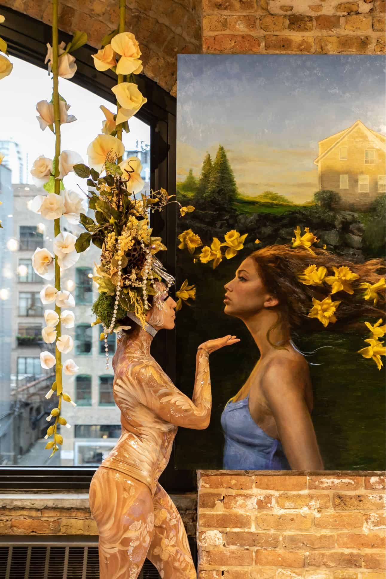 the living statue interacts with artwork featured rndd gallery walk 2019 inside the eggersmann chicago showroom