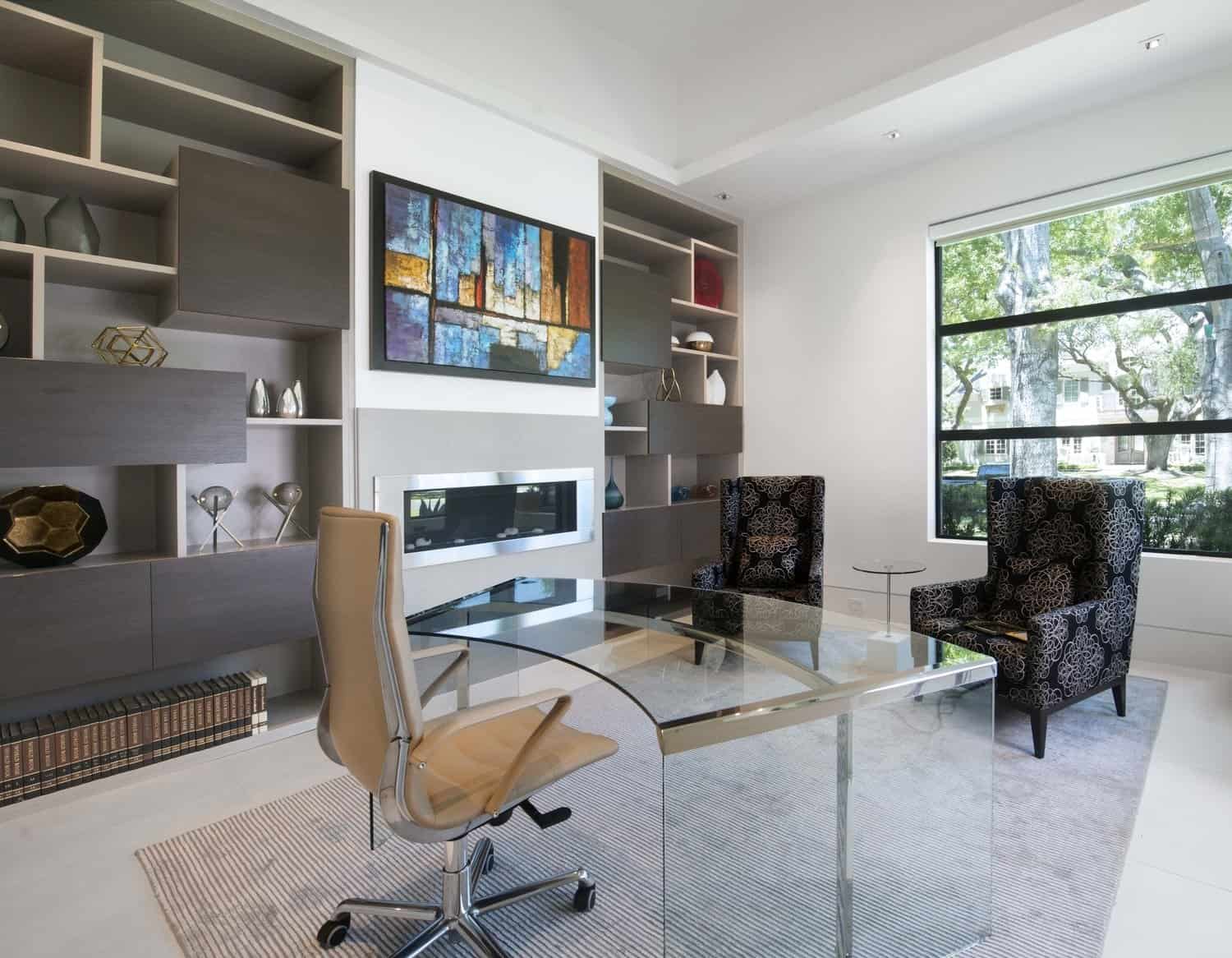 eggersmann display shelving and storage drawers add interest and function to the office of this contemporary home in houston