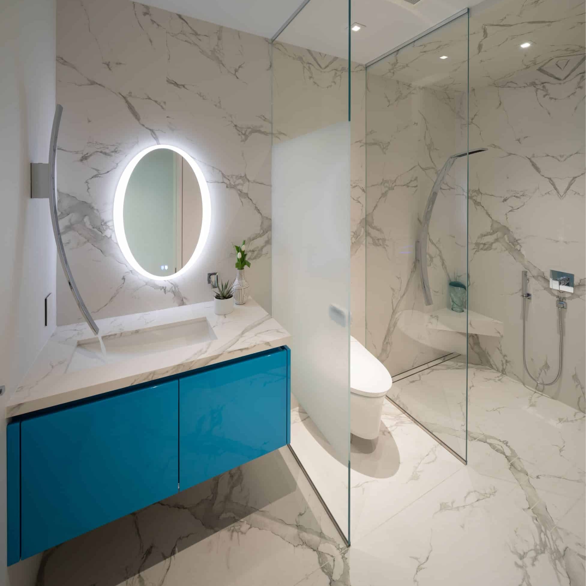 pool bathroom features a custom retro aqua porsche blue on the eggersmann vanity