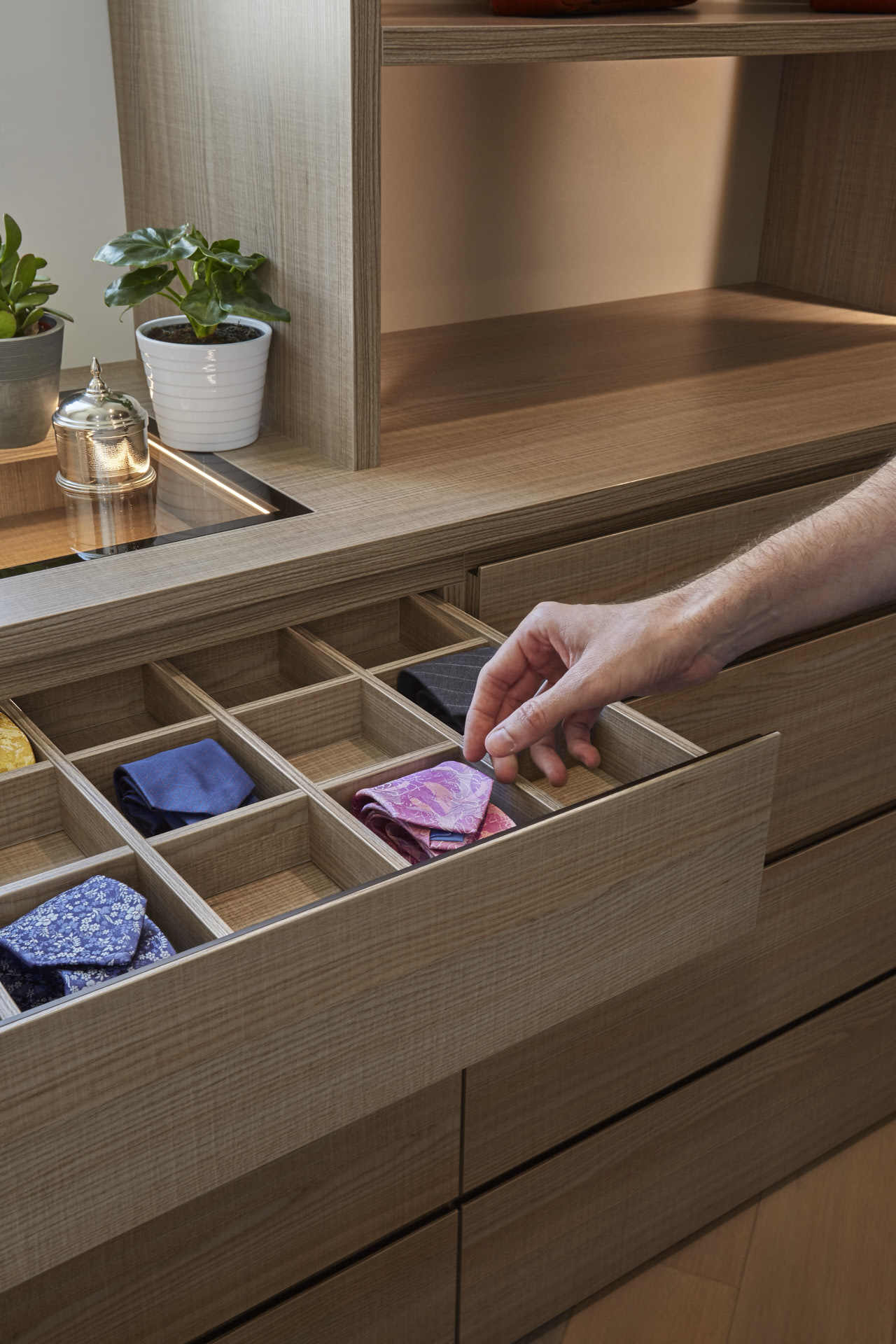personalized accessories drawer for ties, watches, or other display items in a schmalenbach closet