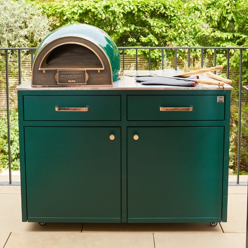 green gloss michael aiduss design pizza oven in a CUBIC outdoor kitchen unit