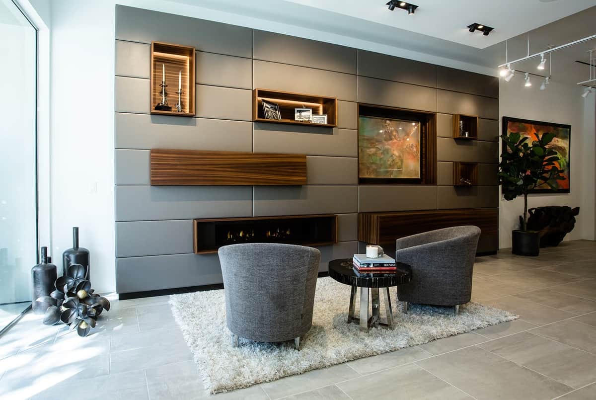 hidden bar flipped up to hideaway in a modern modular wall
