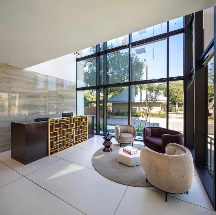lobby of the mondrian luxury apartments in hermann park of houston