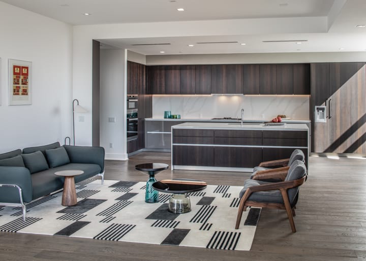 kitchen and living area of in the condo unit 730 of the mond at the museums