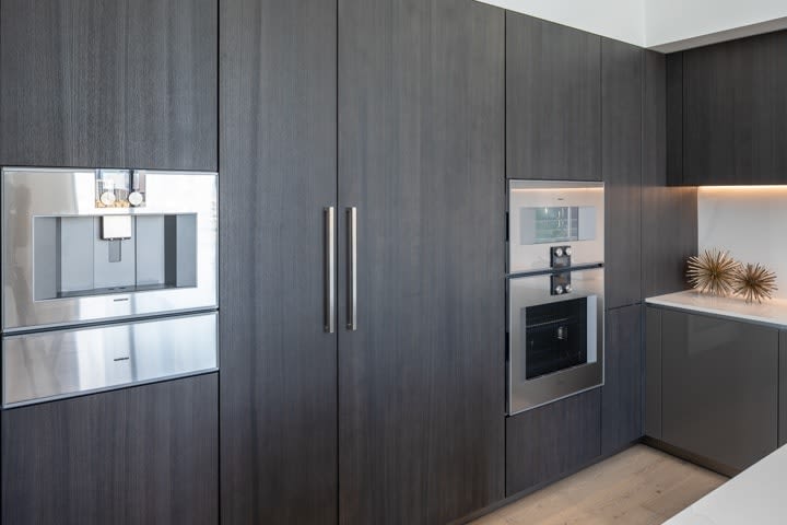 integrated gaggenau appliances in custom tall cabinets in the penthouse condo unit 801 of the mond at the museumswall