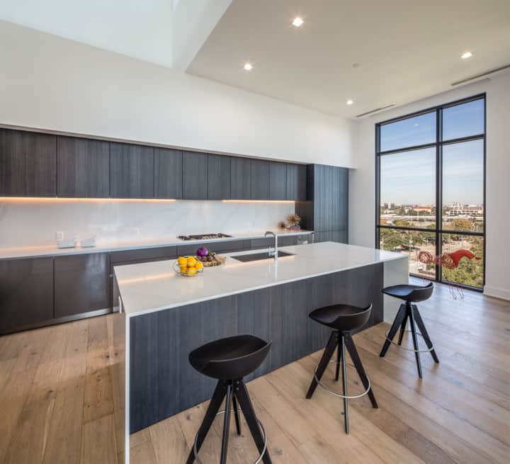 eat-in luxury German kitchen with a view in the penthouse condo unit 801 of the mond at the museums