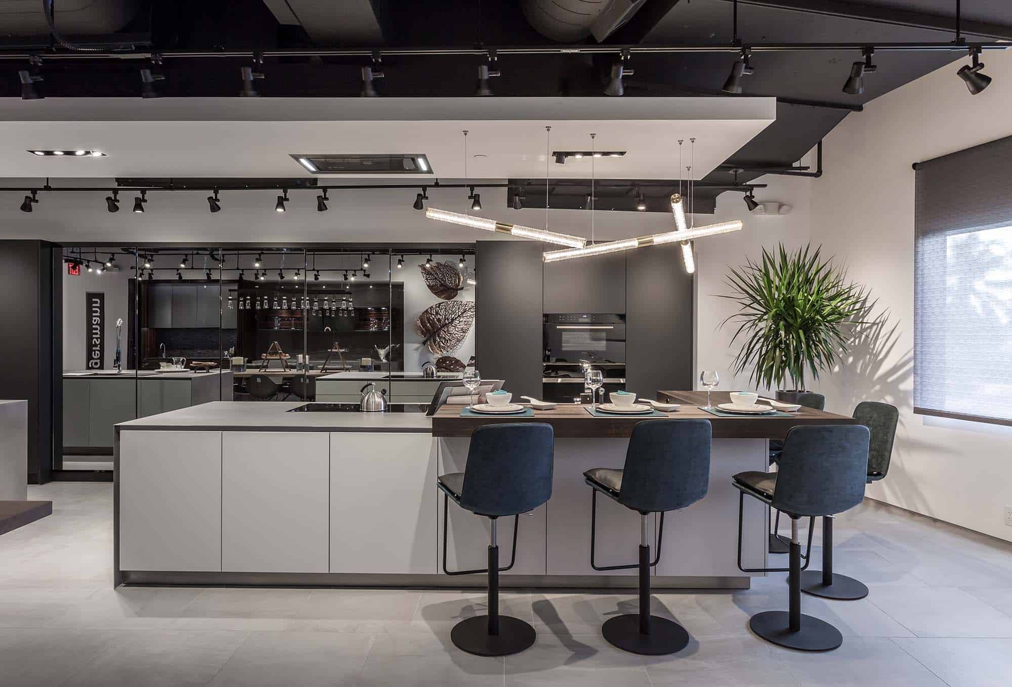 Fenix Core Nano Grey Island with Hot Rolled Stainless Steel top & Mirrored Glass