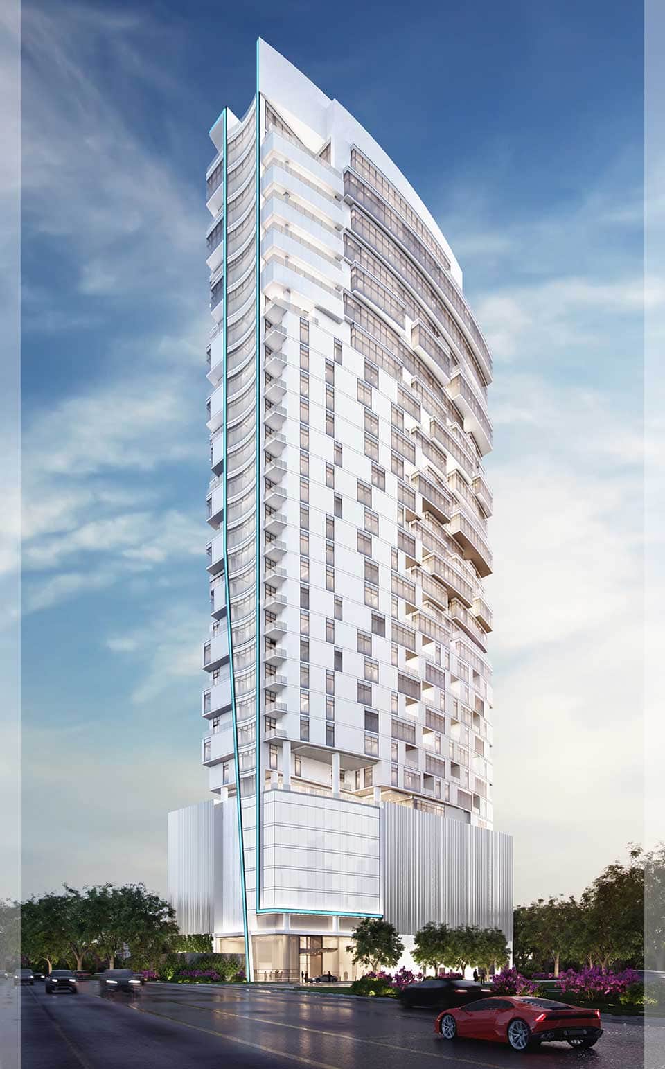 houston's arabella high rise condos exterior at twilight