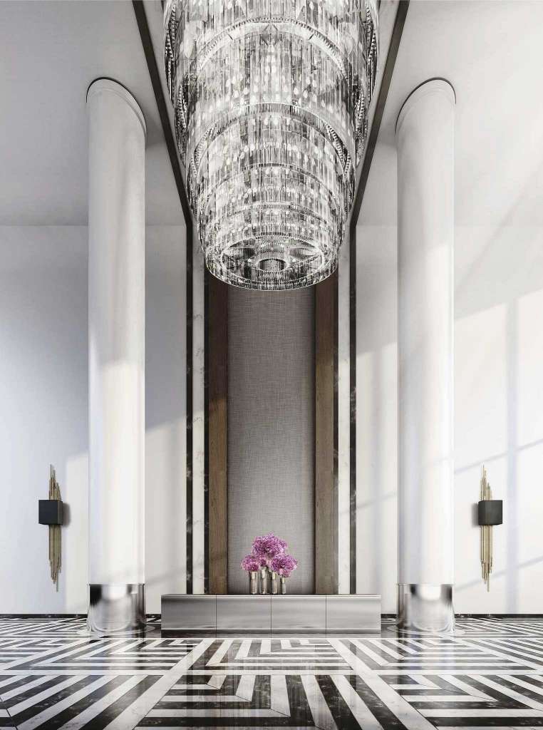 houston's arabella high rise condos lobby chandelier and front desk