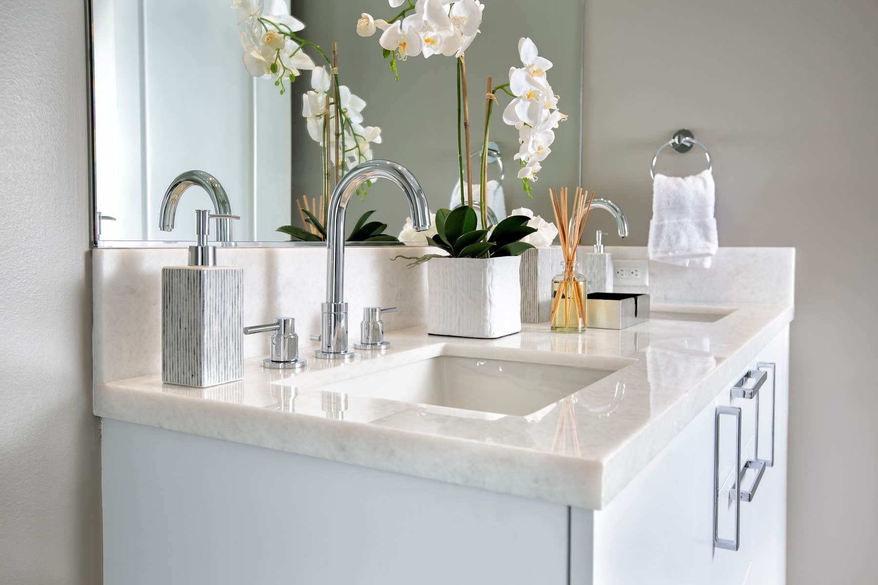 guest bath vanity in the model unit of arabella luxury condos in houston