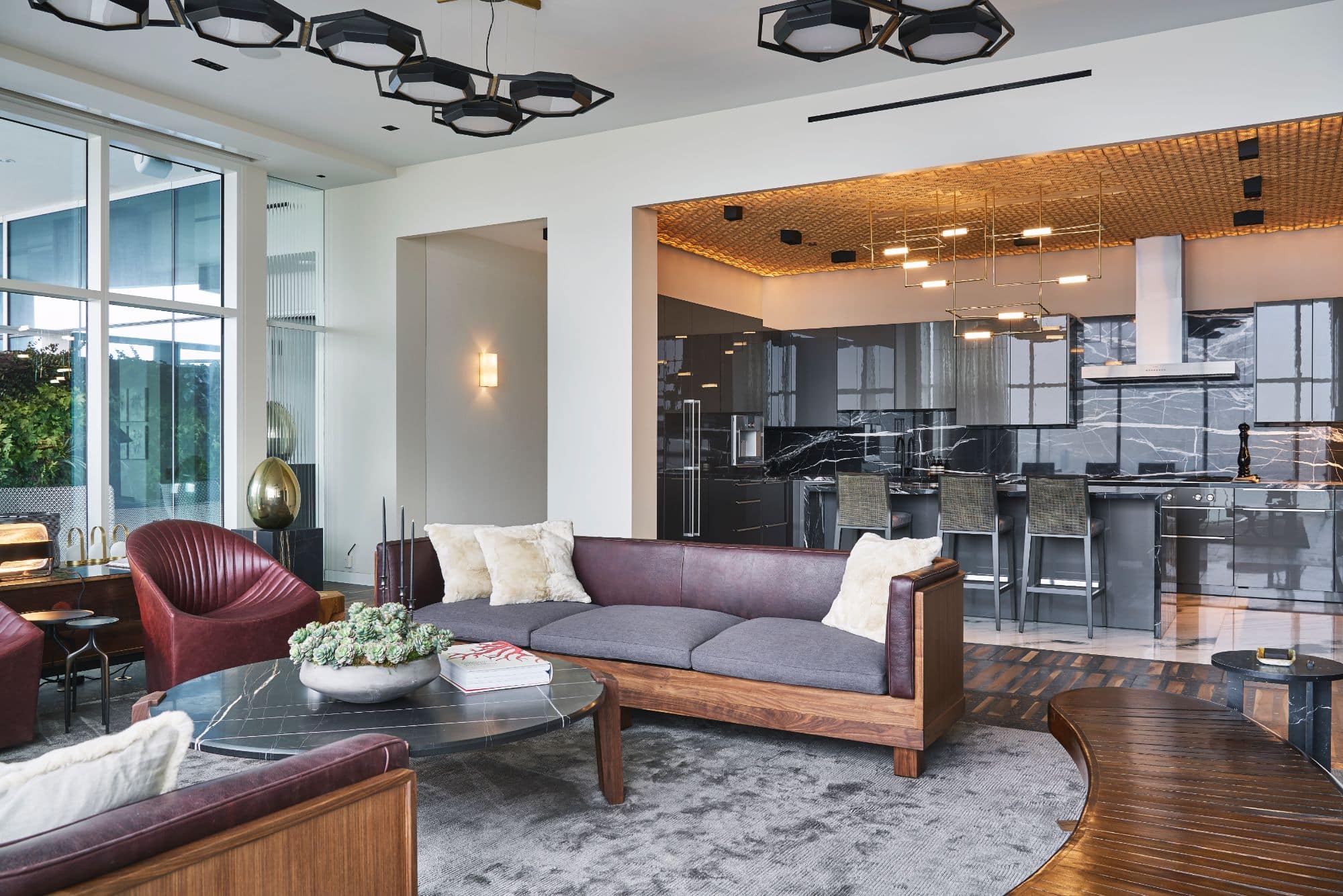 living area and eggersmann kitchen inside a penthouse of the arabella luxury high rise in houston