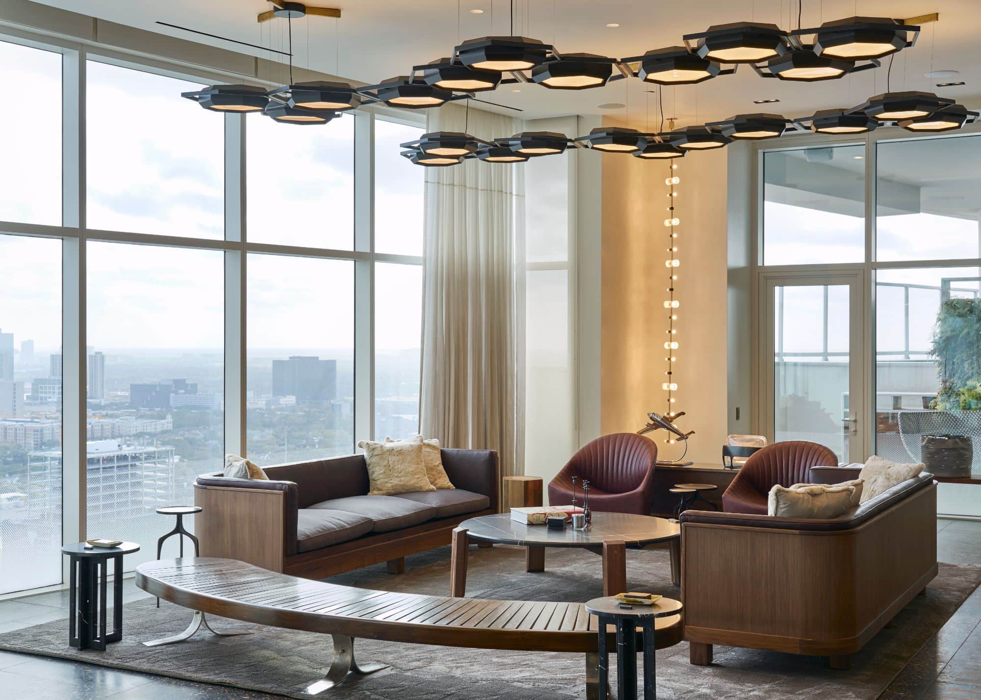 living room with panoramic view of houston inside a penthouse of the arabella luxury high rise