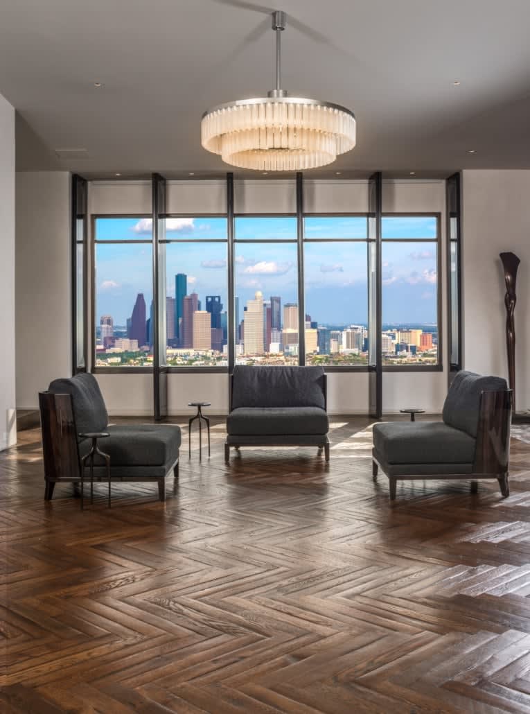 luxury living area of a full floor renovation of the huntingdon higrise on kirby in houston