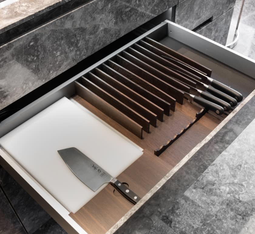 knife drawer in german cabinetry in the huntingdon luxury high-rise on kirby in houston