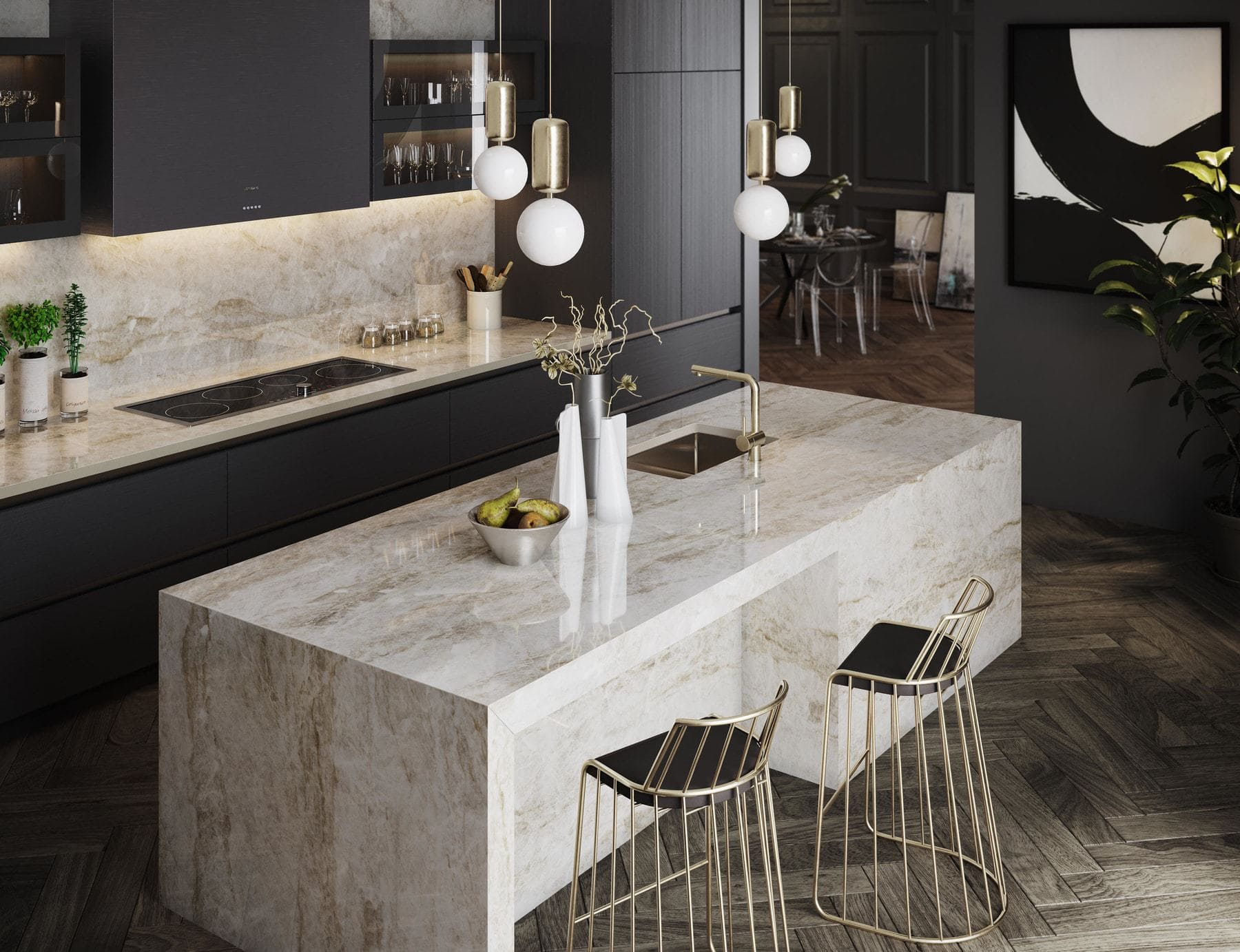 dekton arga countertop finish is used in the parklane's rustic chic finish package by eggersmann