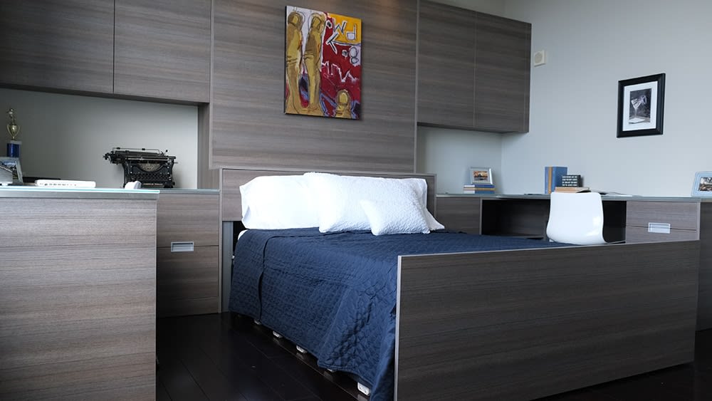 modern sleek office with murphy bed open in cabinetry