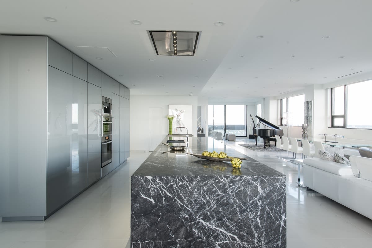 elegant Brutalist designed great room