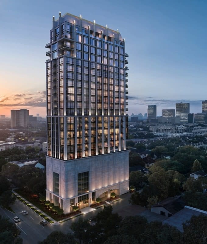 rendering of The Paramount luxury high rise building to be constructed in Houston near River Oaks and Galleria in 2021