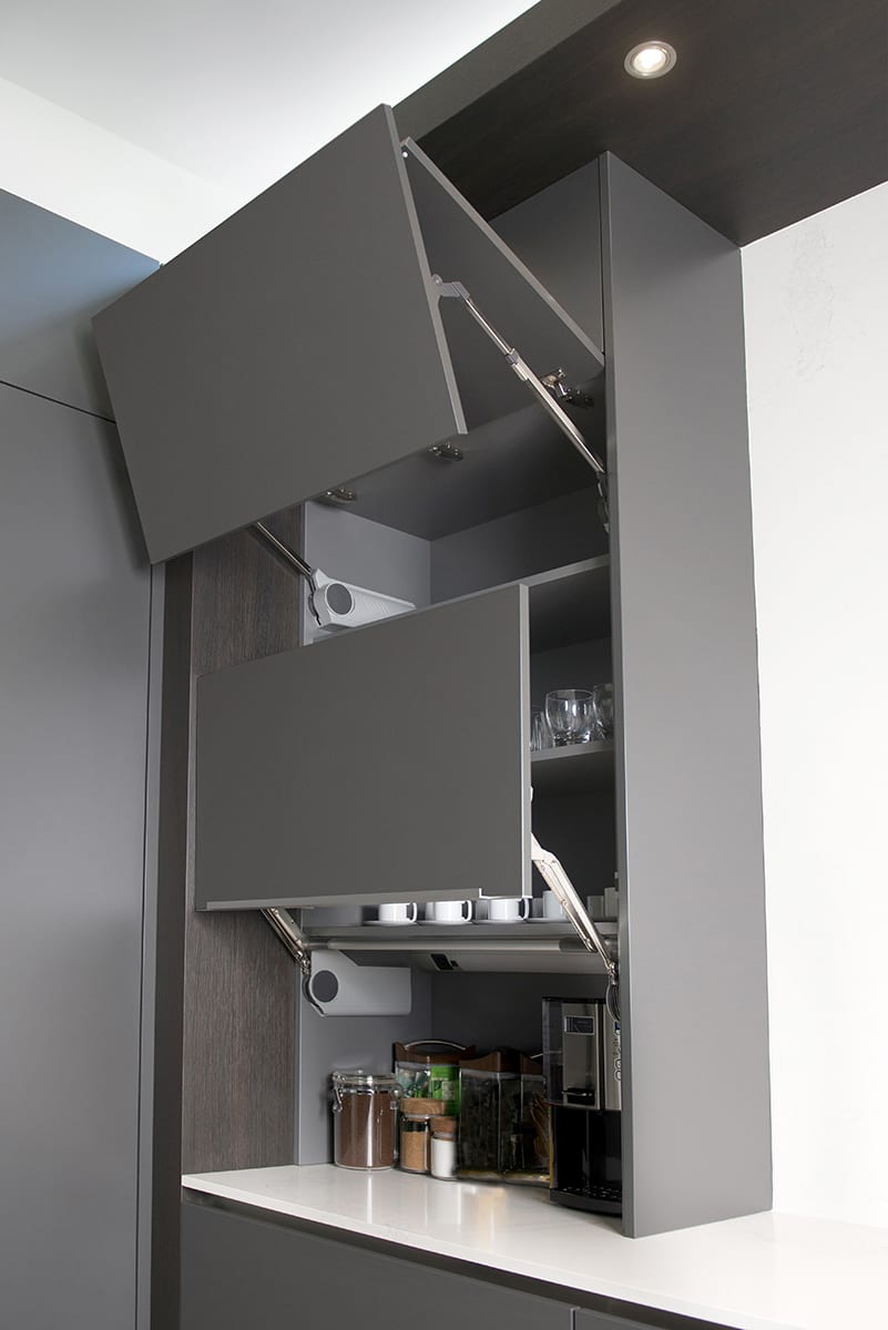push-button opening cabinets on your coffee bar make prepping to get to school faster and easier