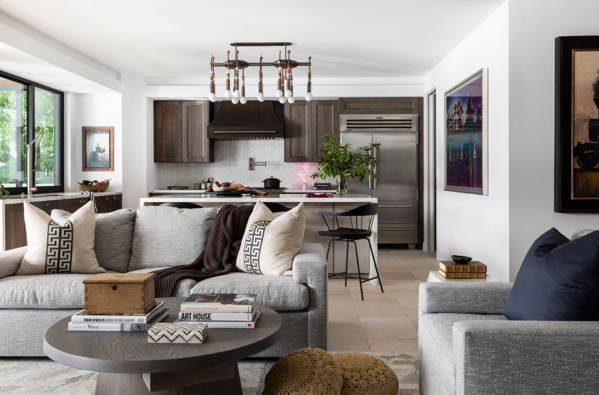 luxury german kitchen in a transitional style seen from the living area