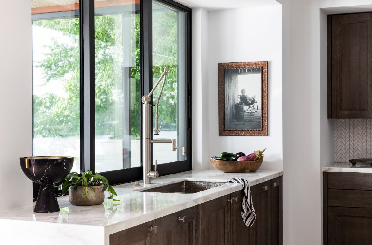 handcrafted Cocina Duet Pro brushed nickel with Contemporary Gantry articulated spout faucet in satin nickel