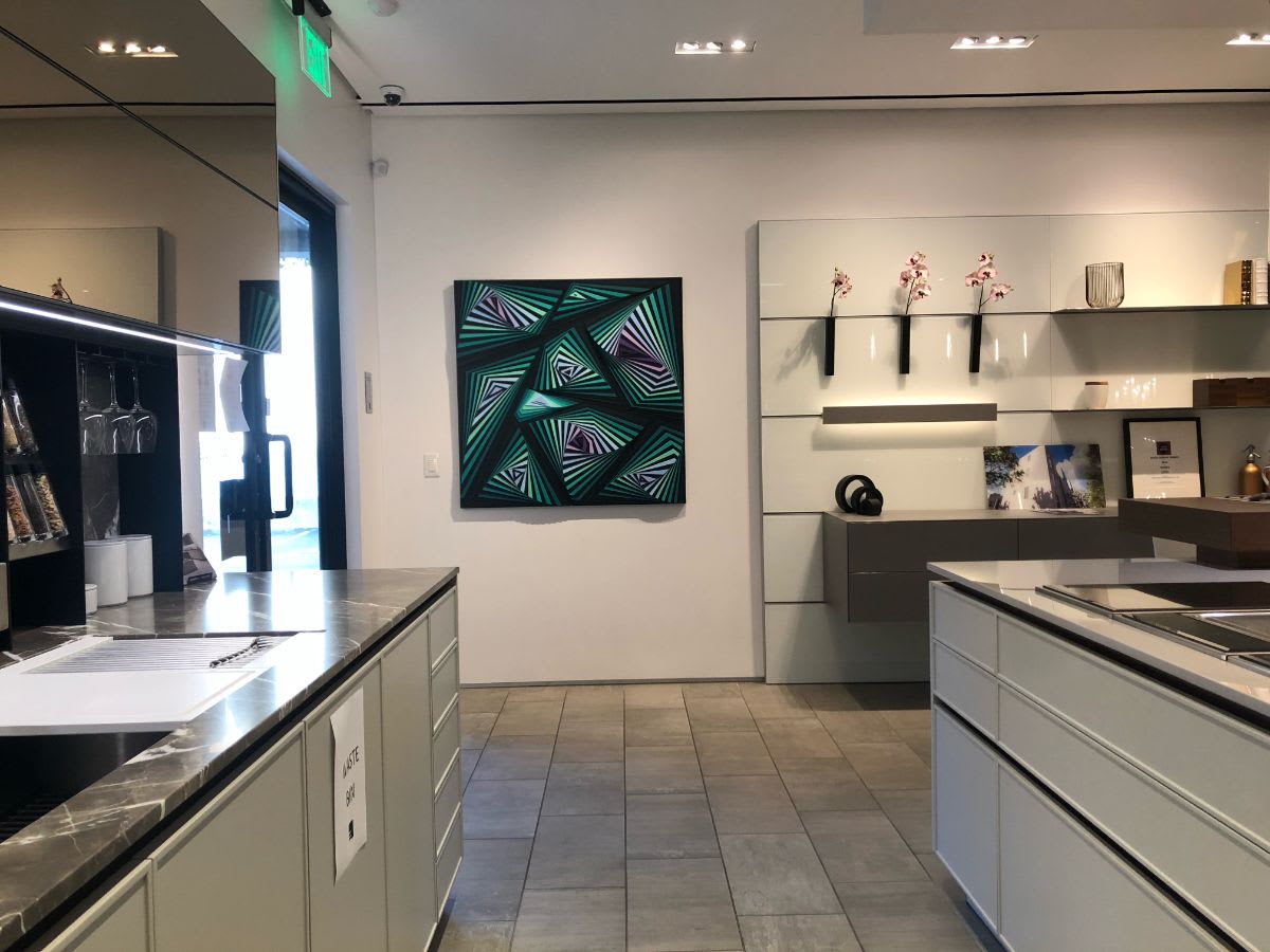 didem yagci's painting, "evolution" featured in the eggersmann dallas showroom as part of patron magazine's curated 2021 art exhibition and showroom tour