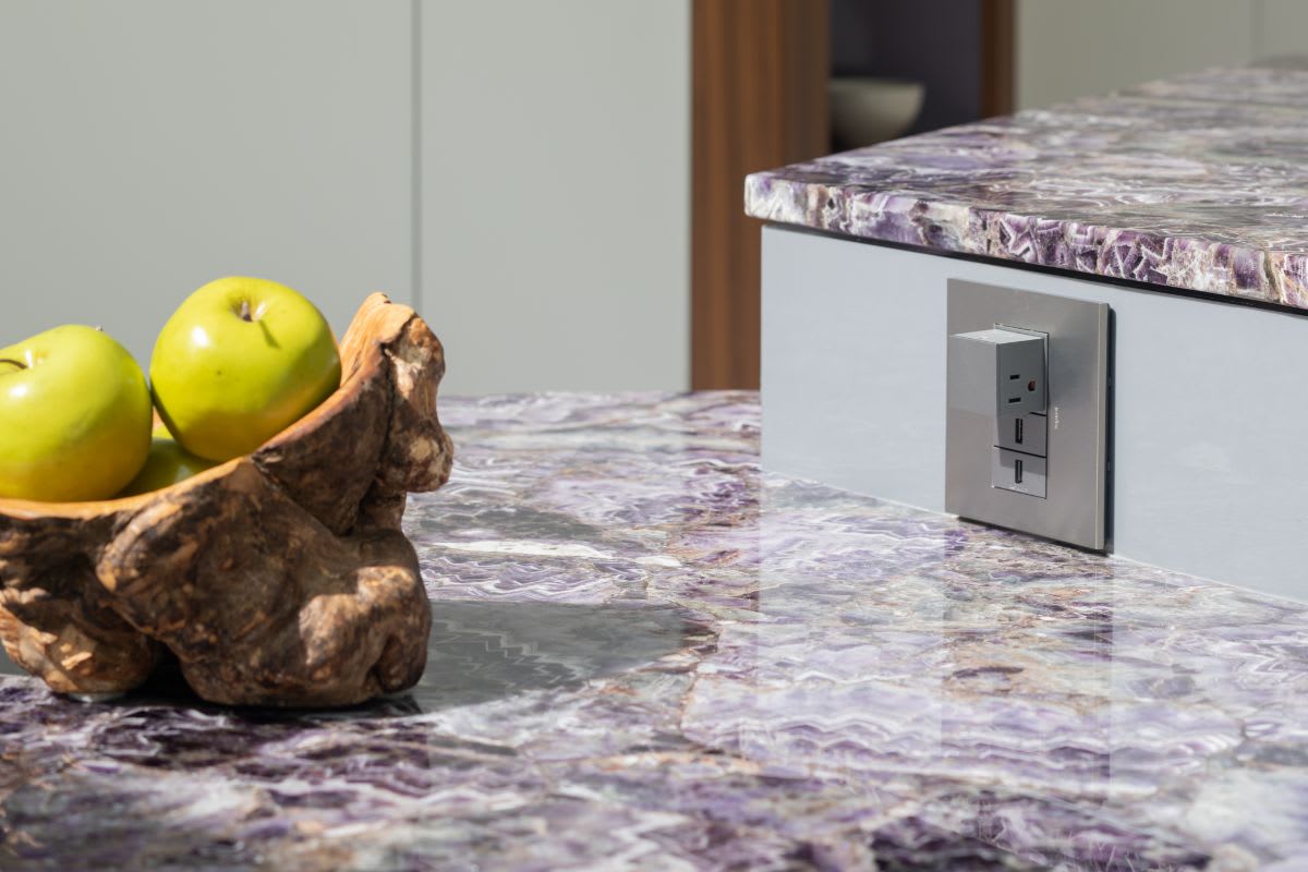 closeup of very peri stone on kitchen island designed by eggermann