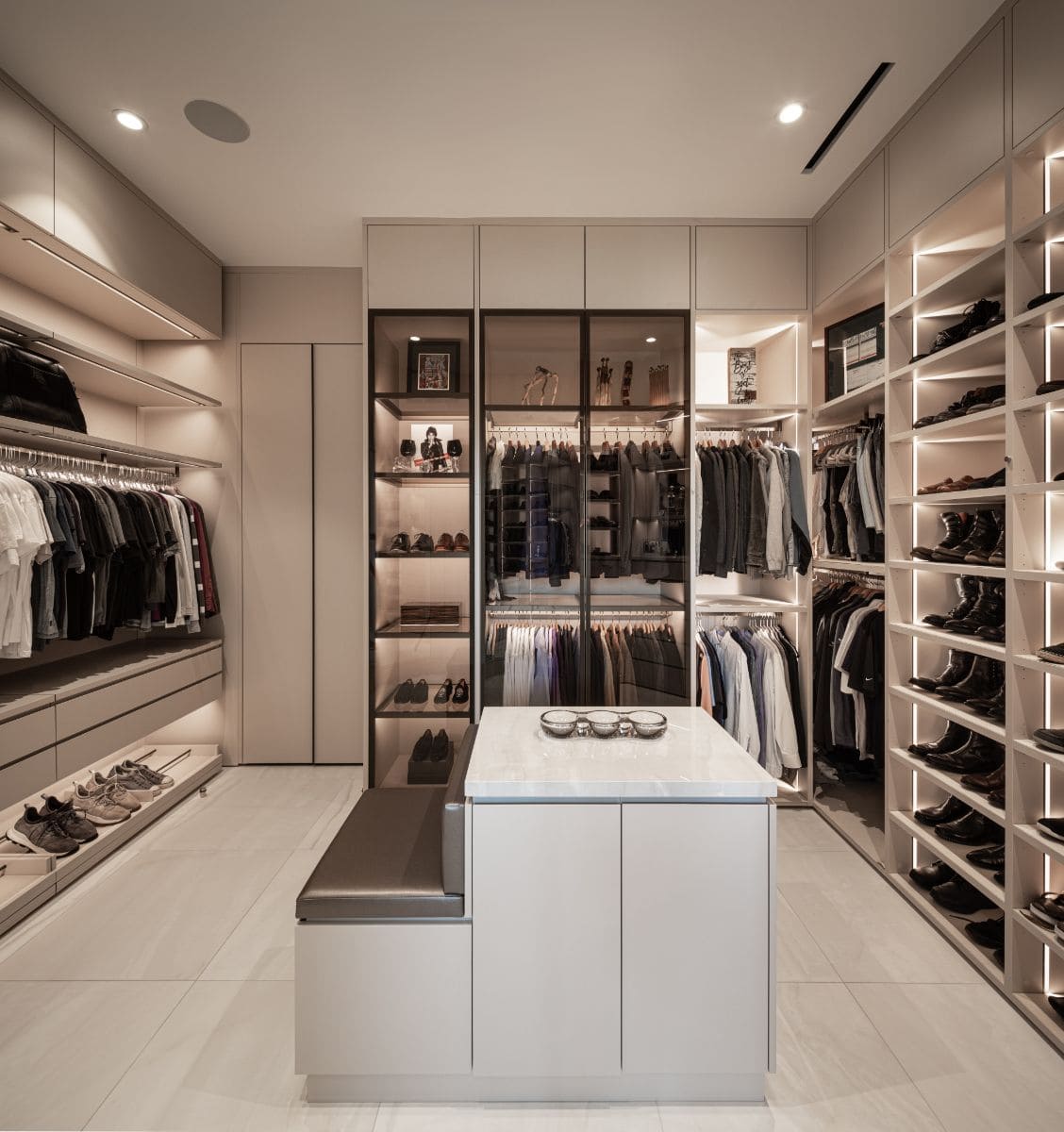 eco leather bench in a man's luxury wardrobe