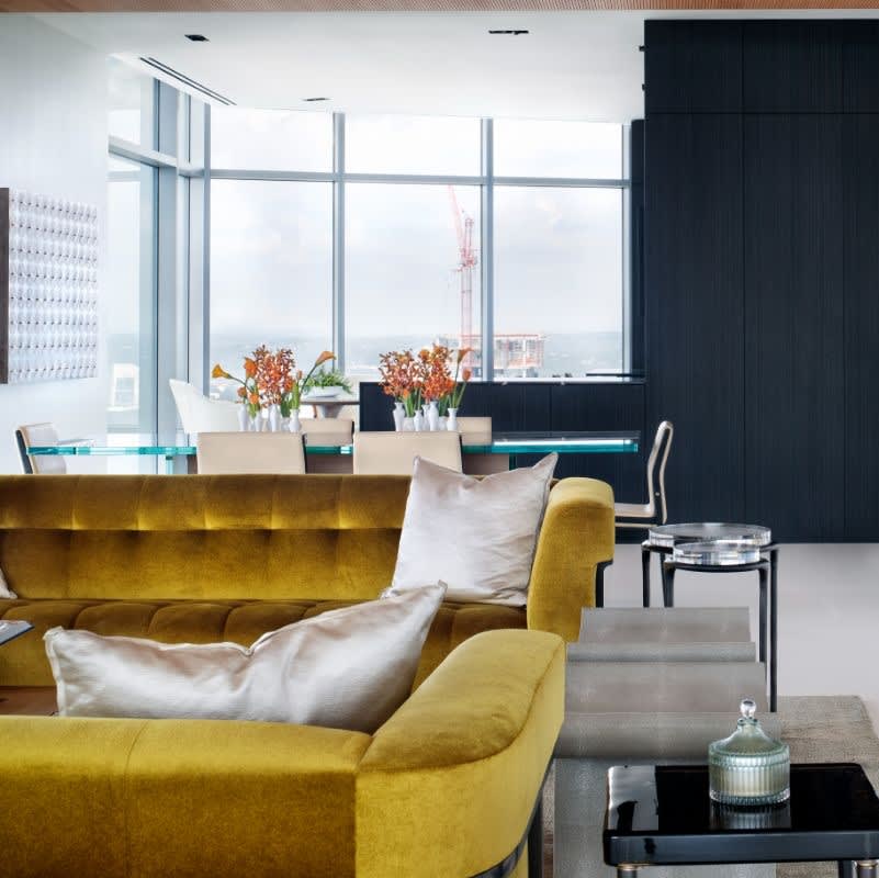 living room of an austonian high-rise residence in austin texas