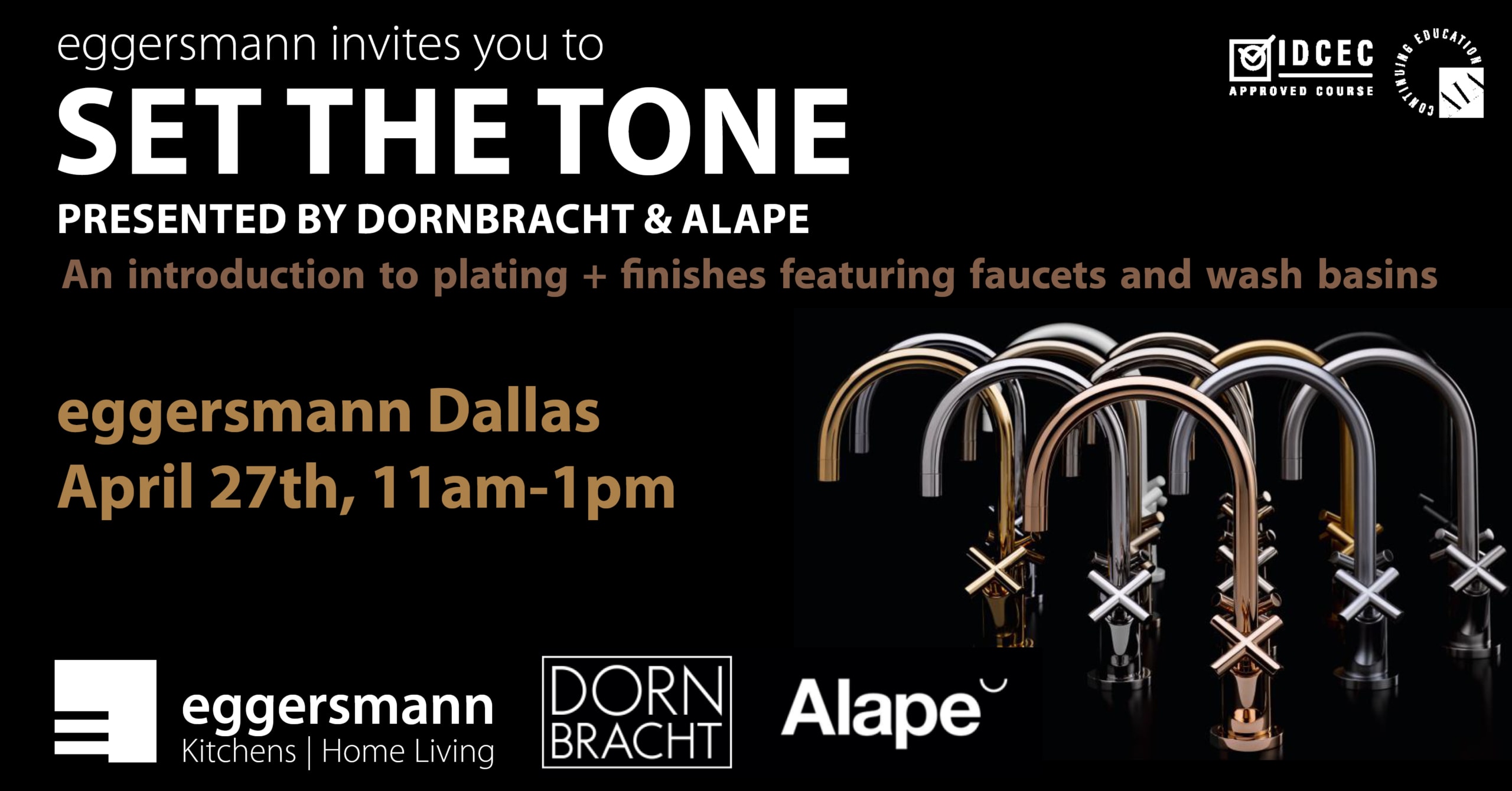 banner announcing an event at eggersmann dallas with dornbracht and alape presenting on april 27th from 11 am to 1 pm