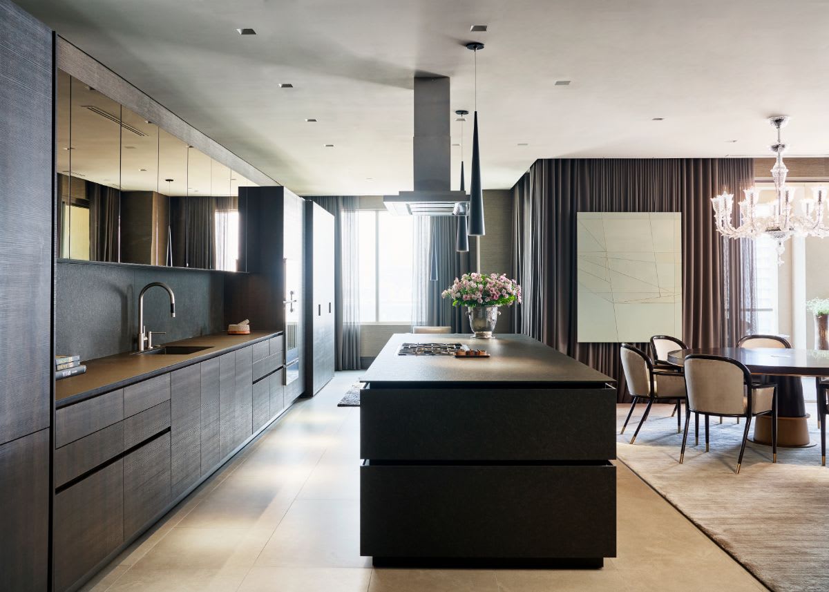 luxury monochrome dark kitchen designed by eggersmann for a highrise apartment in Residences at the Stoneleigh