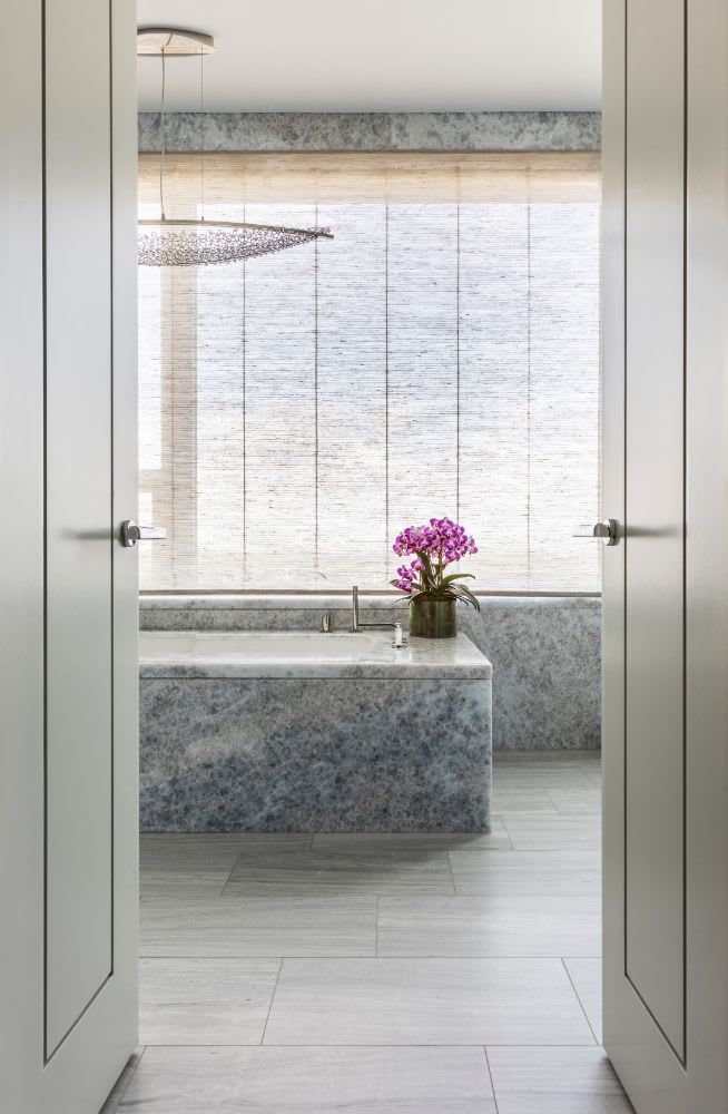 entrance to the luxury master bath of a belfiore houston residence