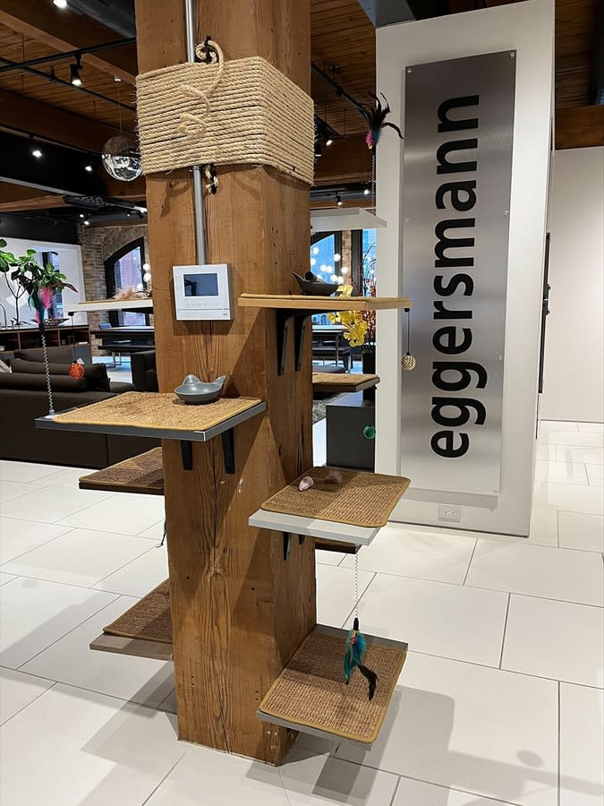 cat scratcher tree built by the eggersmann chicago team from cabinet door samples for the pup crawl and cat walk event