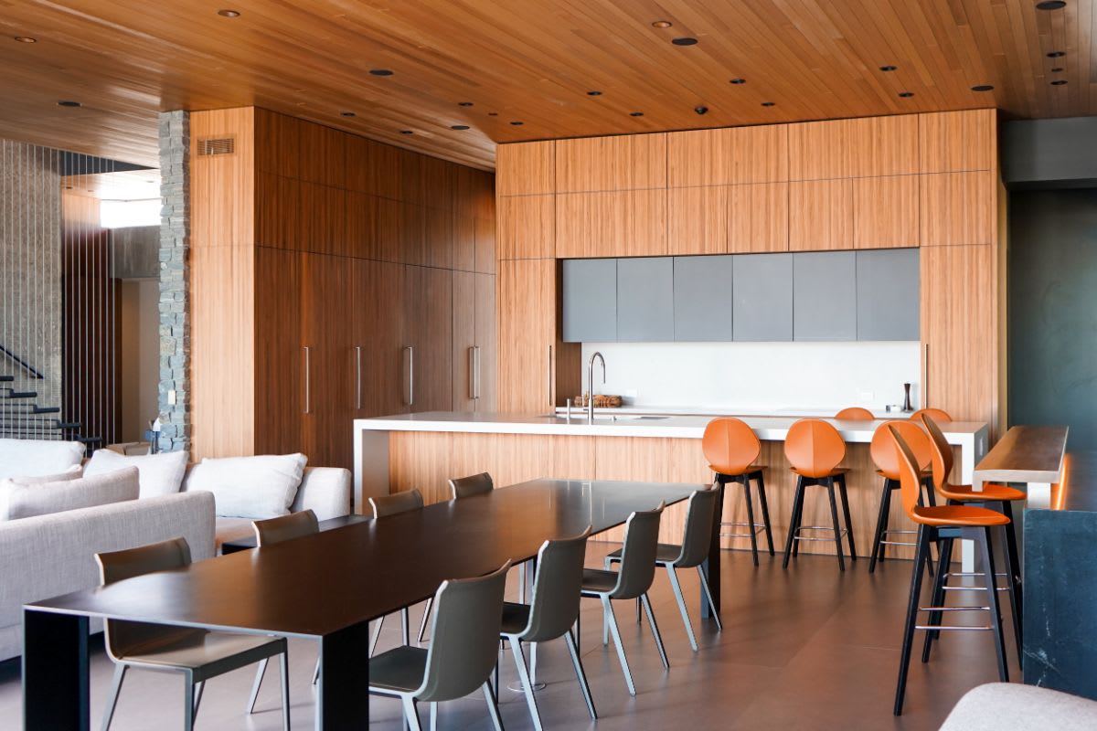 pacific palisades home's great room with eggersmann-designed kitchen living area