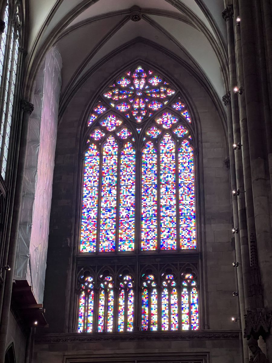 multi-colored stained glass windows of the cologne cathedral in germany