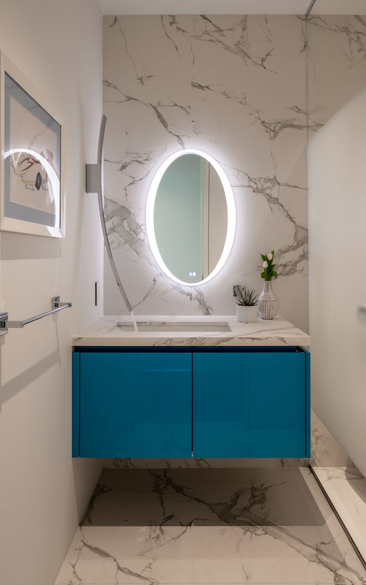 eggersmann custom lacquer color-matching on a bath vanity in porsche turquoise blue