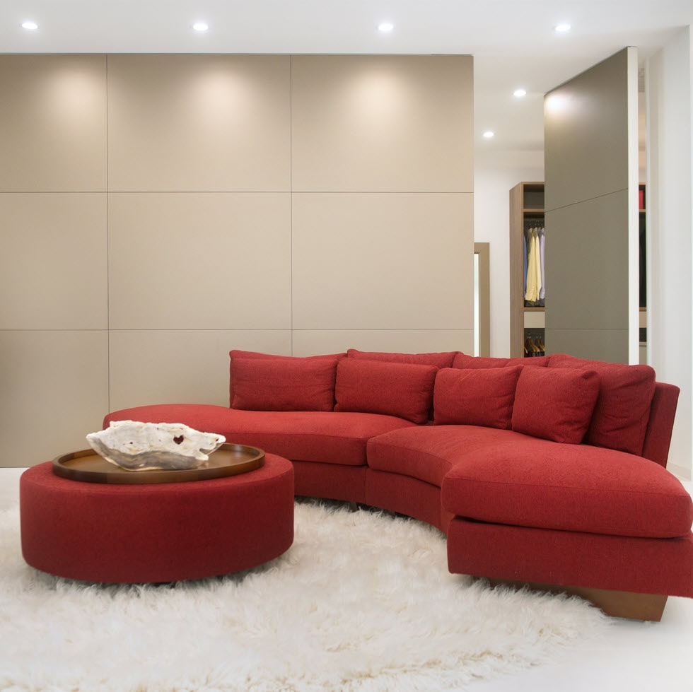 custom red half-moon crescent sectional by sophisticated living