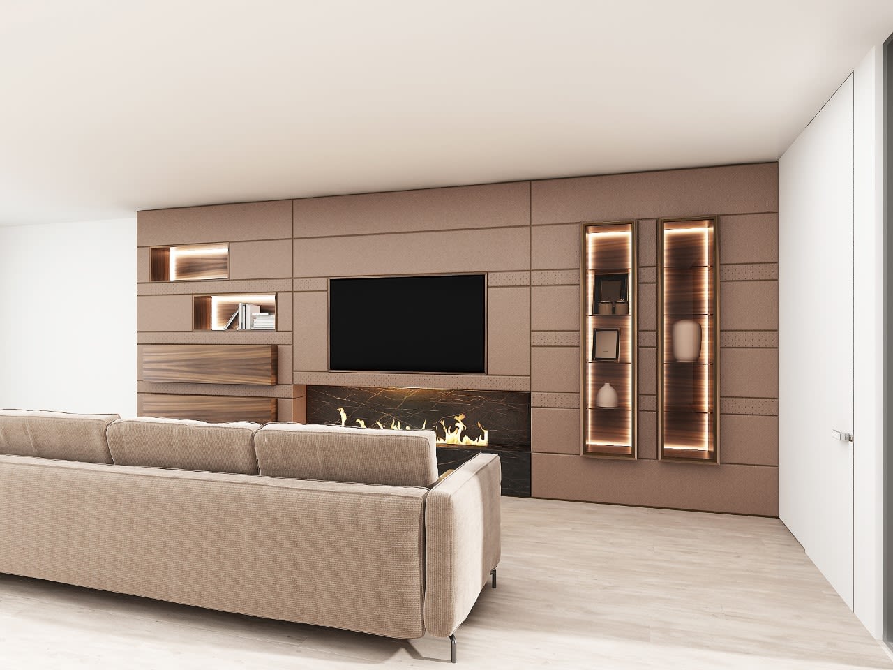 eggersmann laguna rendering of a living area with a media wall with built-in fireplace