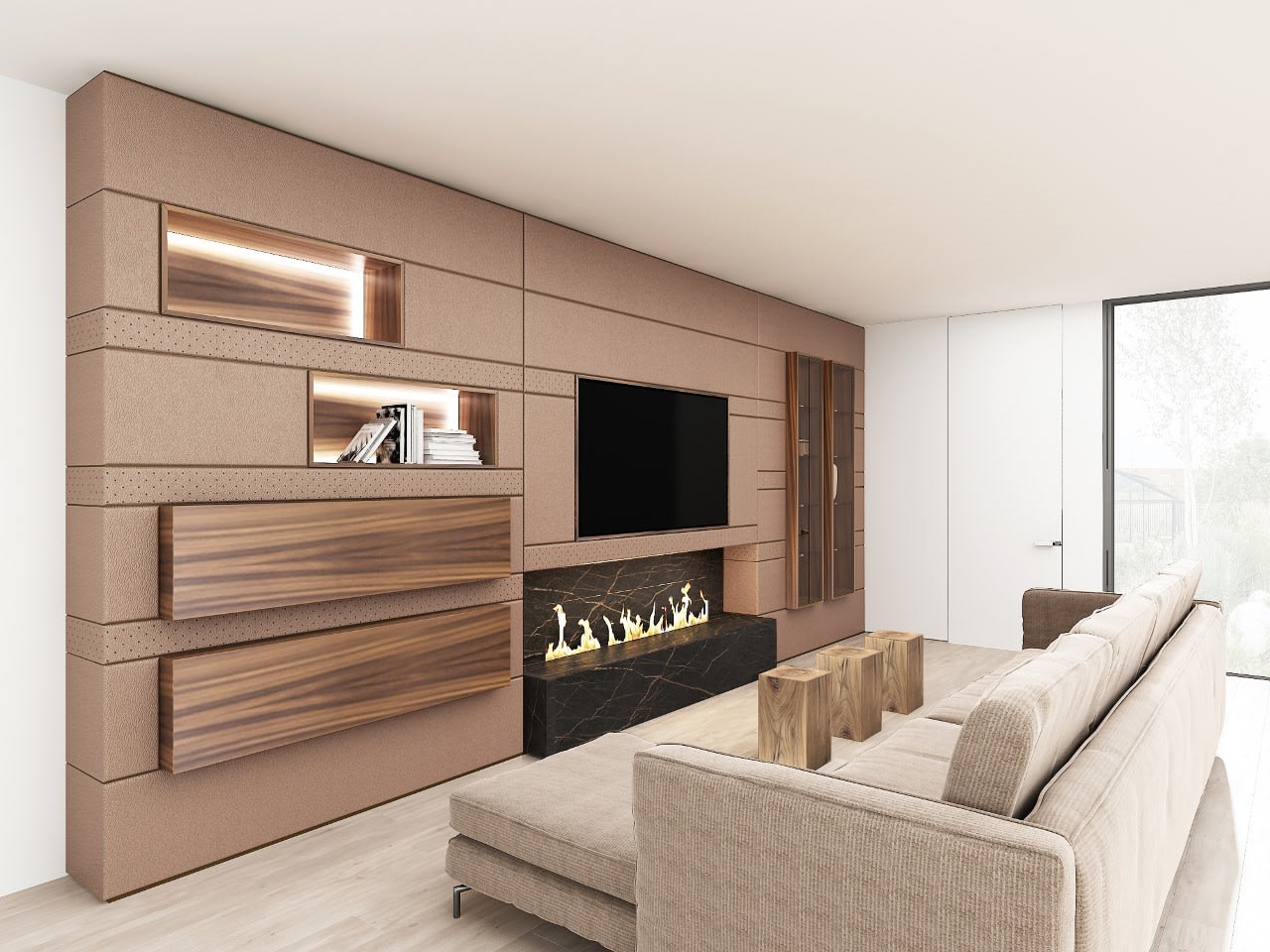 eggersmann laguna rendering of a living area with a media wall with built-in fireplace and hidden bar