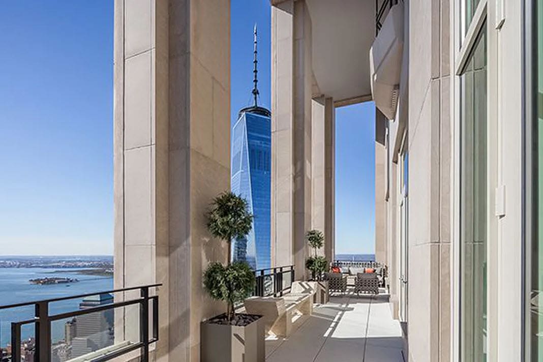stately balcony with views of NYC's tribeca in a penthouse of the thirty park place four seasons residences building