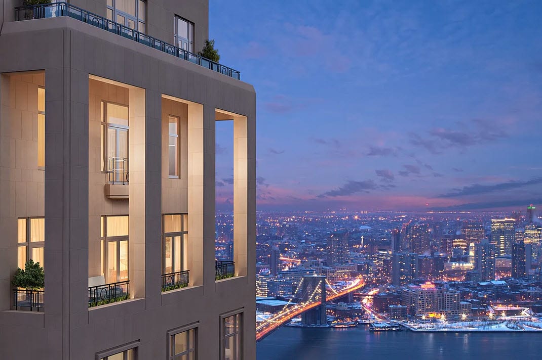 exterior view of a balcony of NYC's tribeca in a penthouse of the thirty park place four seasons residences building