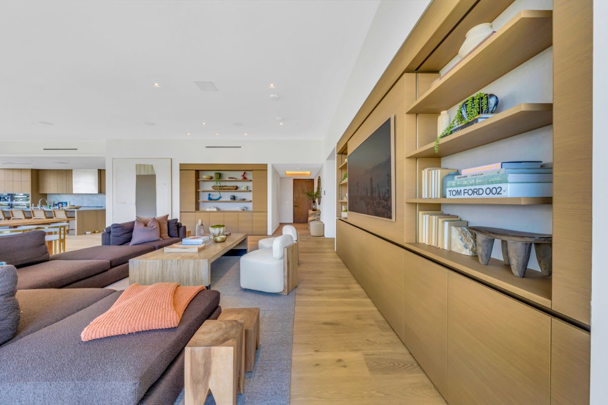 built-in luxury storage of a 8899 beverly blvd living area designed by eggersmann and brett oppenheim