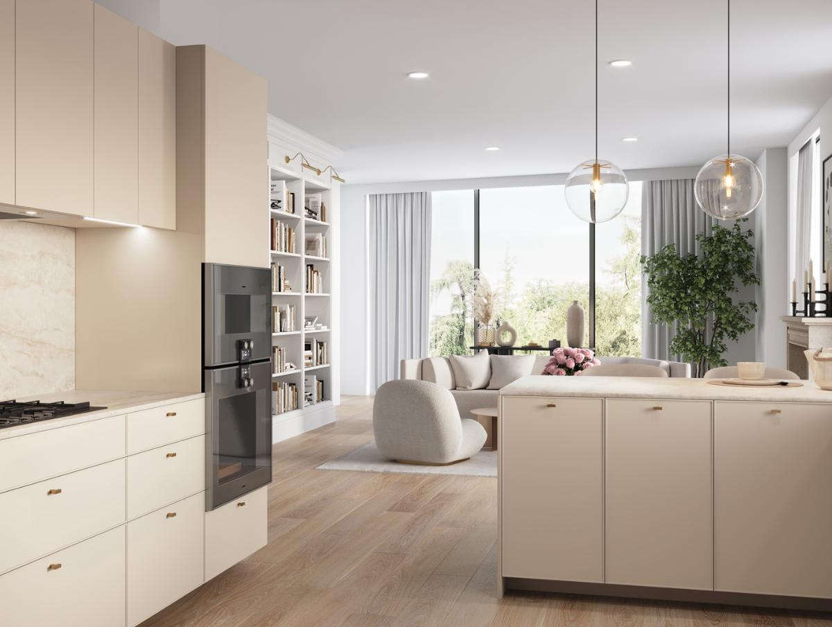 looking out to living area in houston's london house mid-rise luxury monochromatic cream kitchen designed by eggersmann
