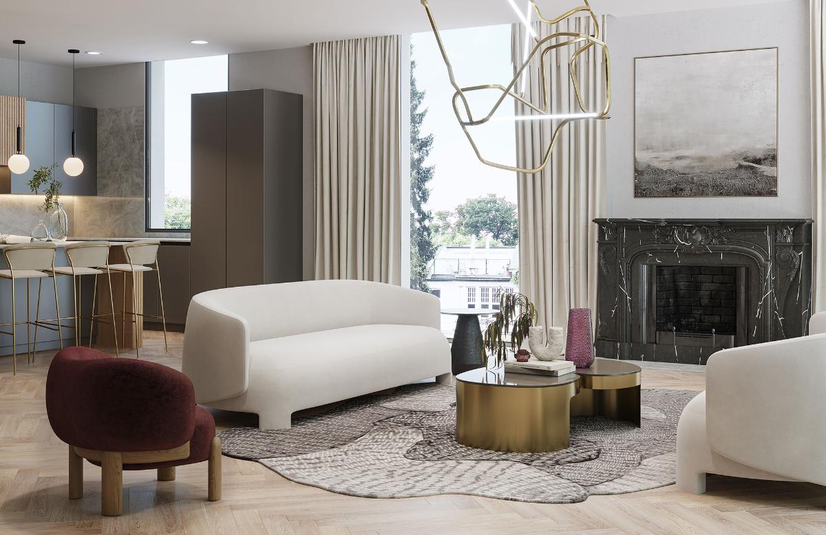 living area in london house mid-rise luxury residence next to kitchen designed by eggersmann