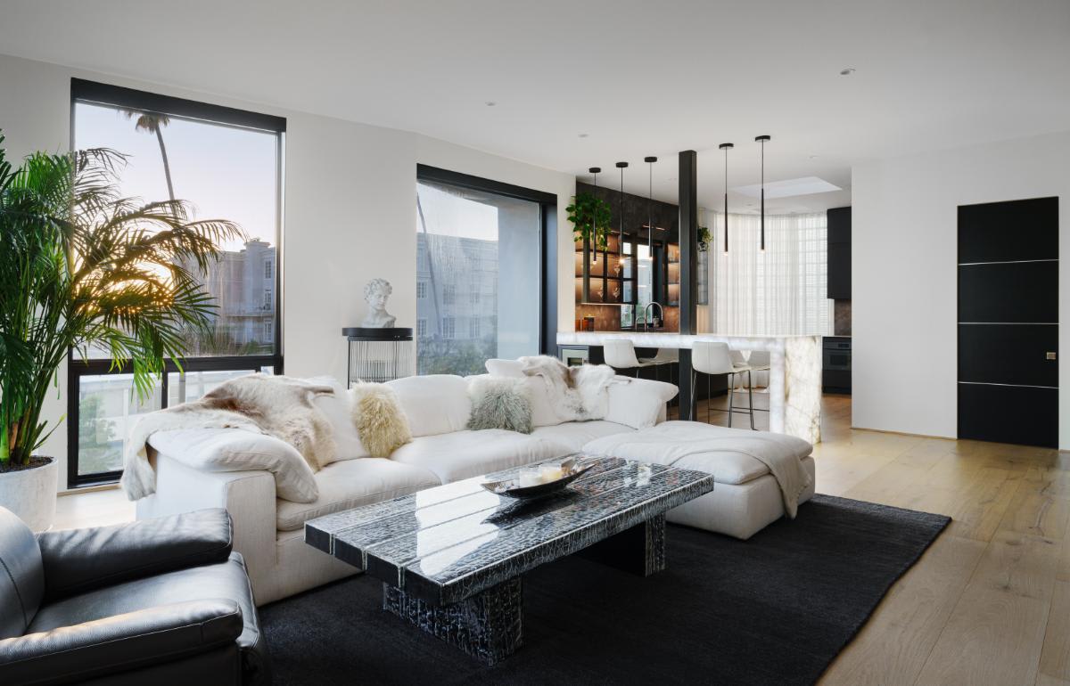 a santa monica mid-rise residence's luxury kitchen from the living area