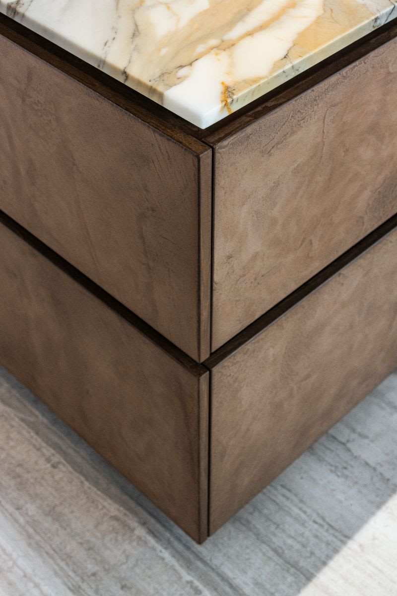 detail of impeccably matching corners of cabinetry of an island in an eggersmann kitchen of a miami beach intracoastal luxury home