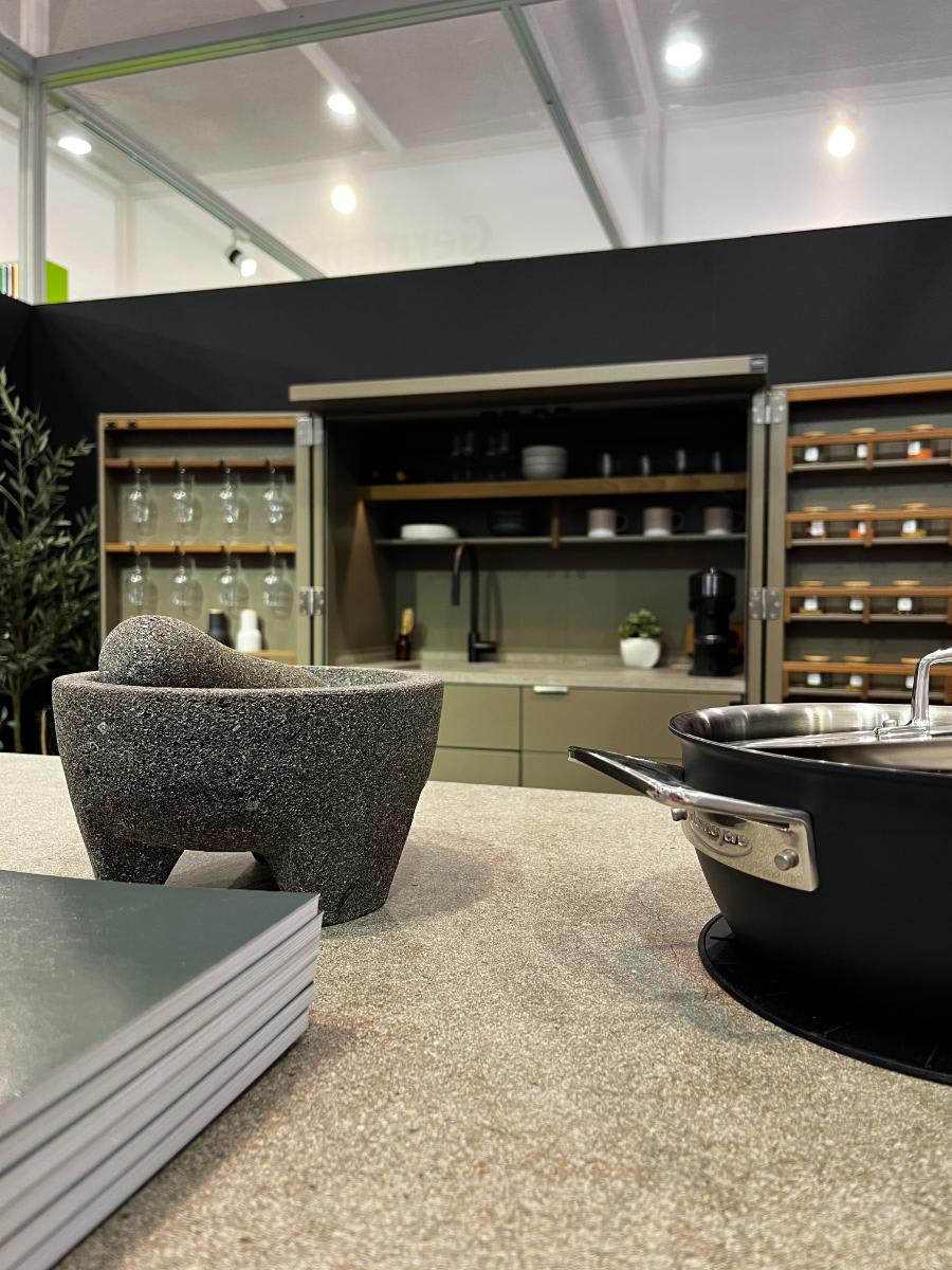 eggersmann outdoor living kbis 2024 booth closeup from countertop of kitchen in a cabinet