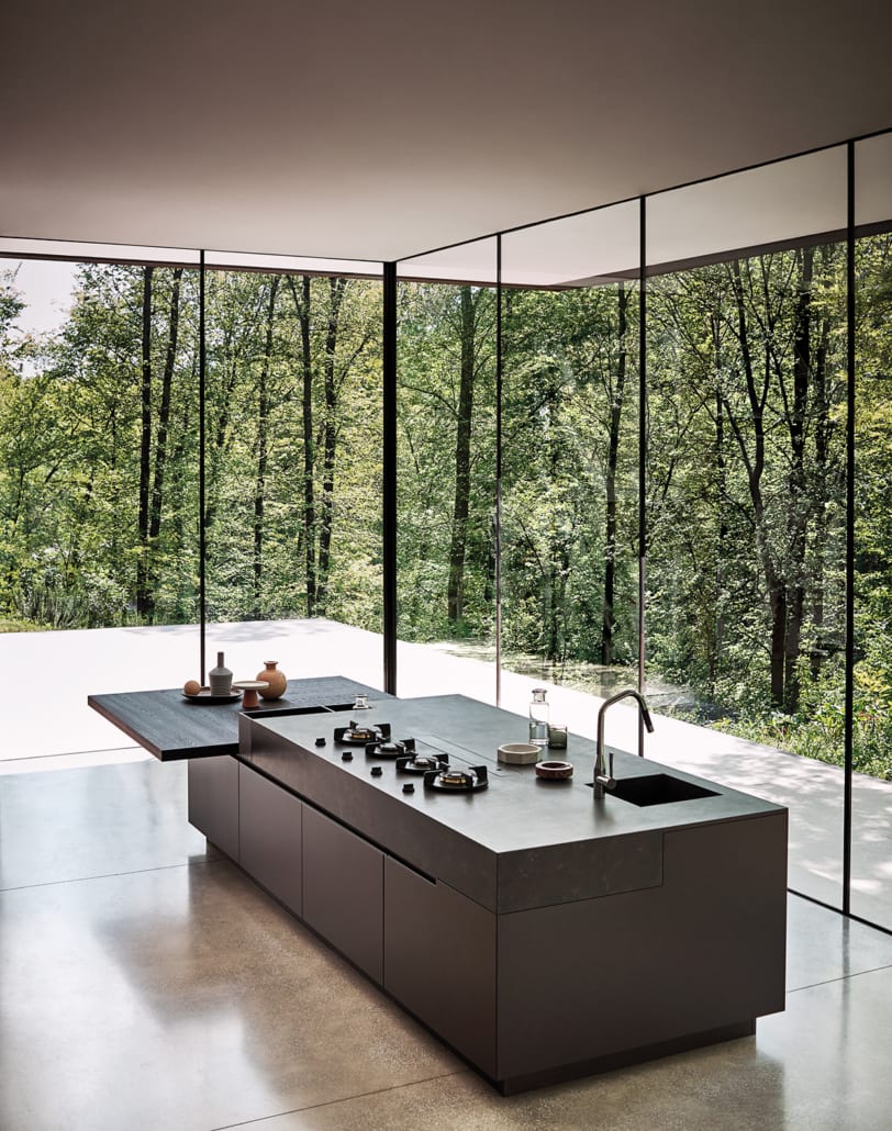 modern kitchen island with pitt cooking gas burners in a kitchen with floor to ceiling windows overlooking a forest
