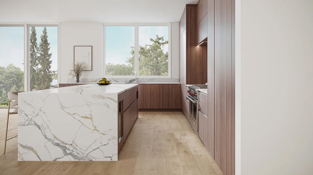 waterfall marble island of a luxury German kitchen designed by eggersmann for the beverly private residences at tanglewood in uptown houston