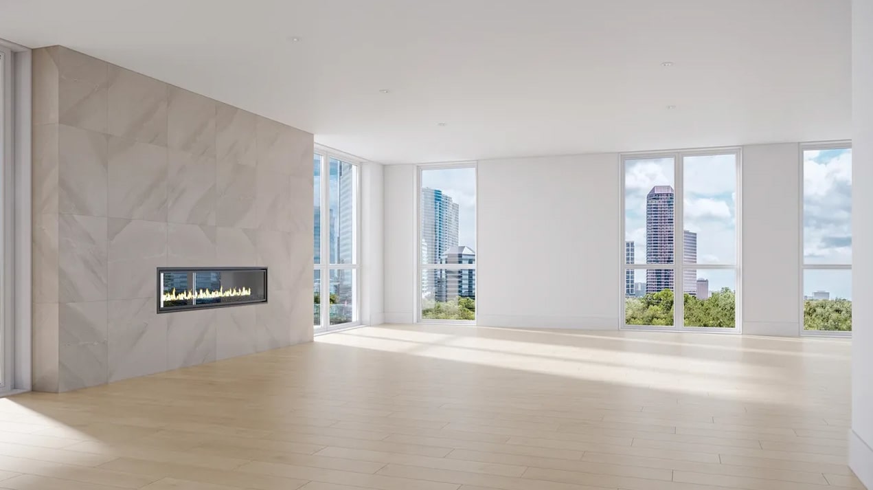 luxury fireplace wall of a luxury German kitchen designed by eggersmann for the beverly private residences at tanglewood in uptown houston